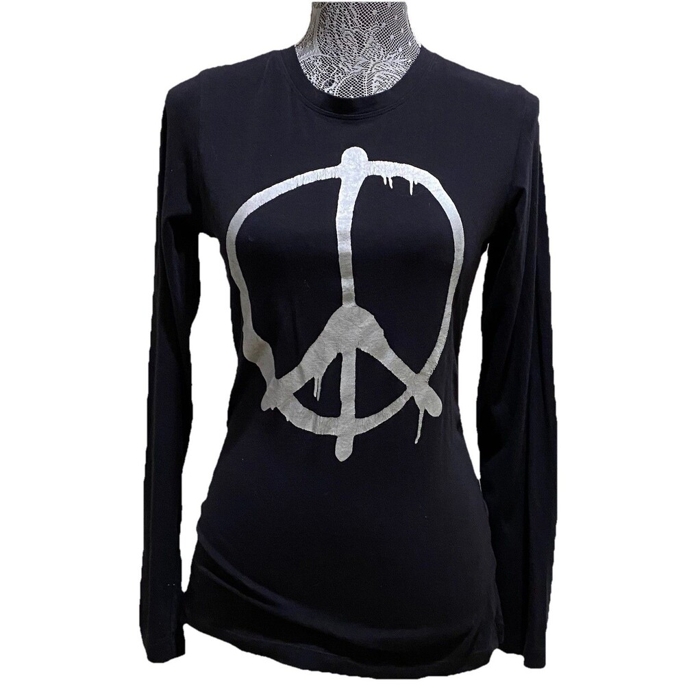 ISDA & CO Peace Sign Graphic Long Sleeve Black Metallic Foil Stretch Top XS - Picture 5 of 15